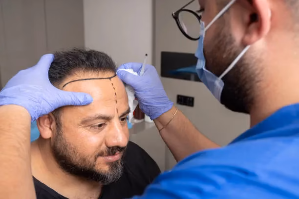 Medical professional with gloves and a mask marks a man's forehead with dotted lines for a hair restoration procedure while another clinician steadies his head.