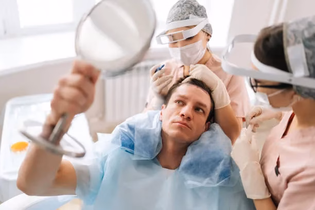 Male patient sits in a clinic chair as two healthcare workers in masks and surgical caps perform a head/scalp procedure; the patient holds a handheld mirror to inspect.