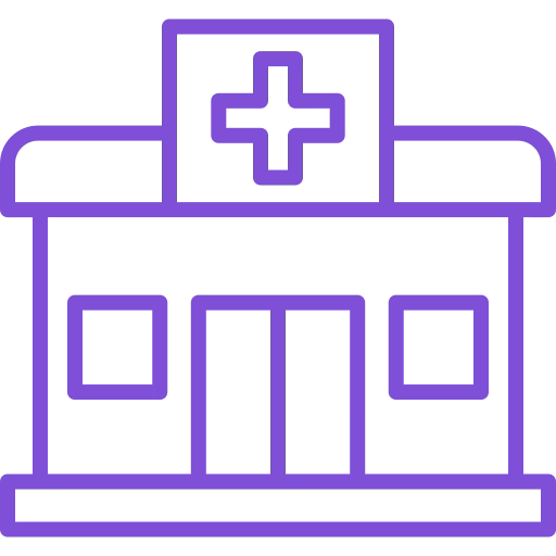 Purple line-art icon of a hospital building with a cross on the front sign.