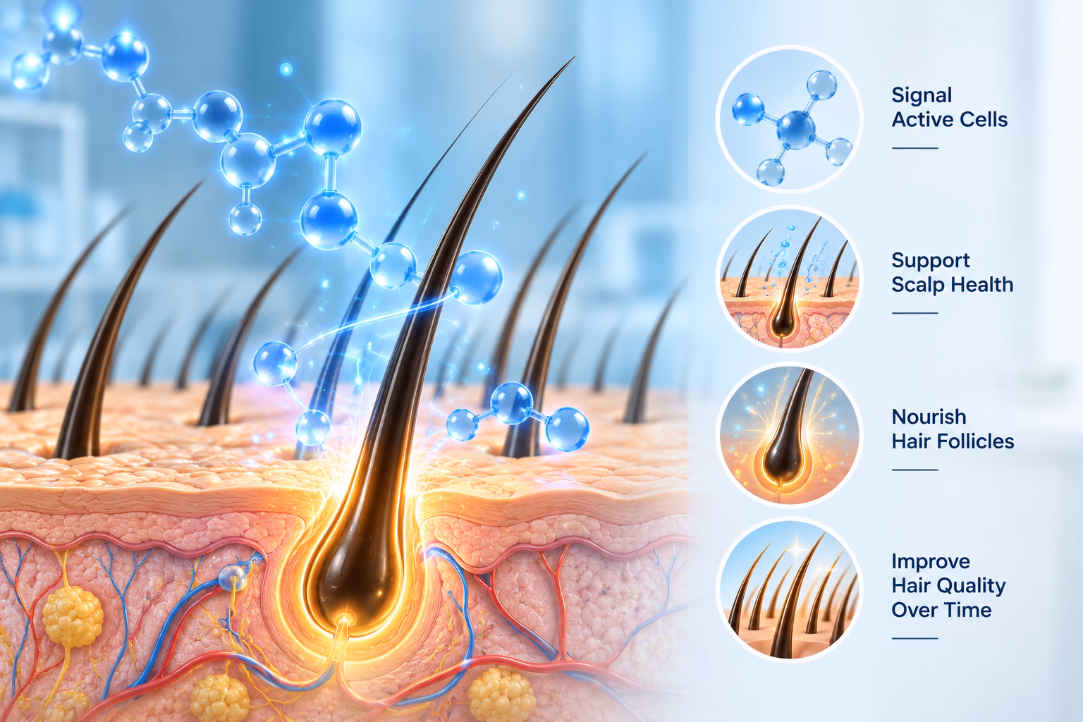 Peptide treatment in mumbai Cross-section of scalp with hair follicles and glowing molecular signals; right side shows four circular icons labeled Signal Active Cells, Support Scalp Health, Nourish Hair Follicles, Improve Hair Quality Over Time.